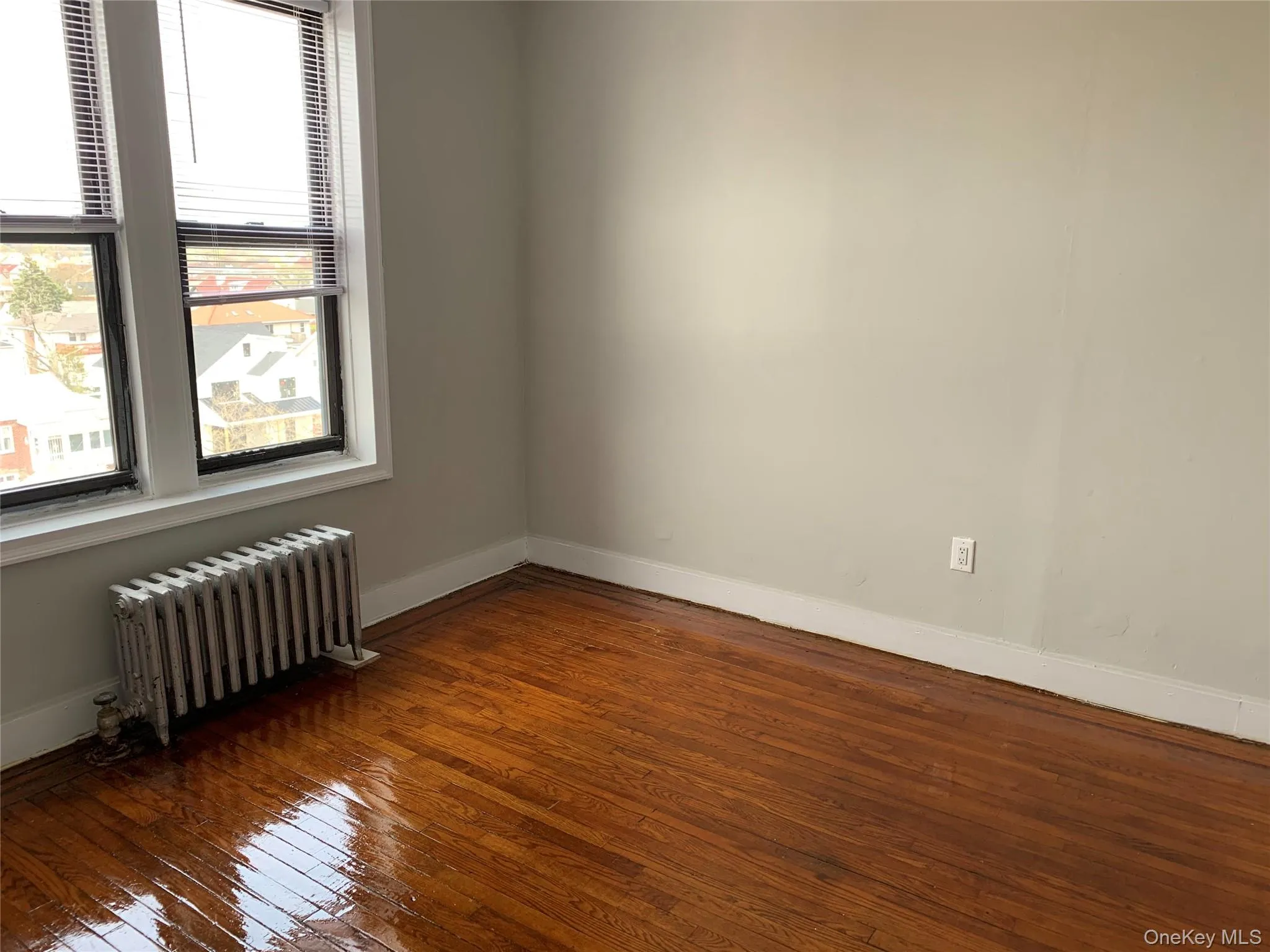 Spare room featuring radiator and dark wood-style flooring Spare room featuring radiator and dark wood-style flooring