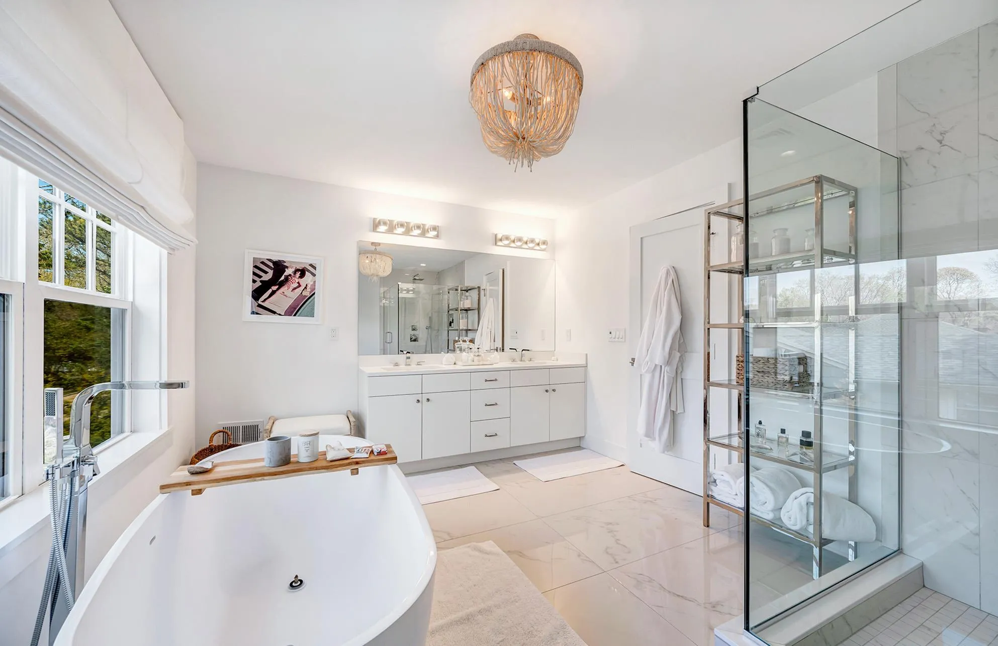 Bathroom featuring vanity and plus walk in shower Bathroom featuring vanity and plus walk in shower