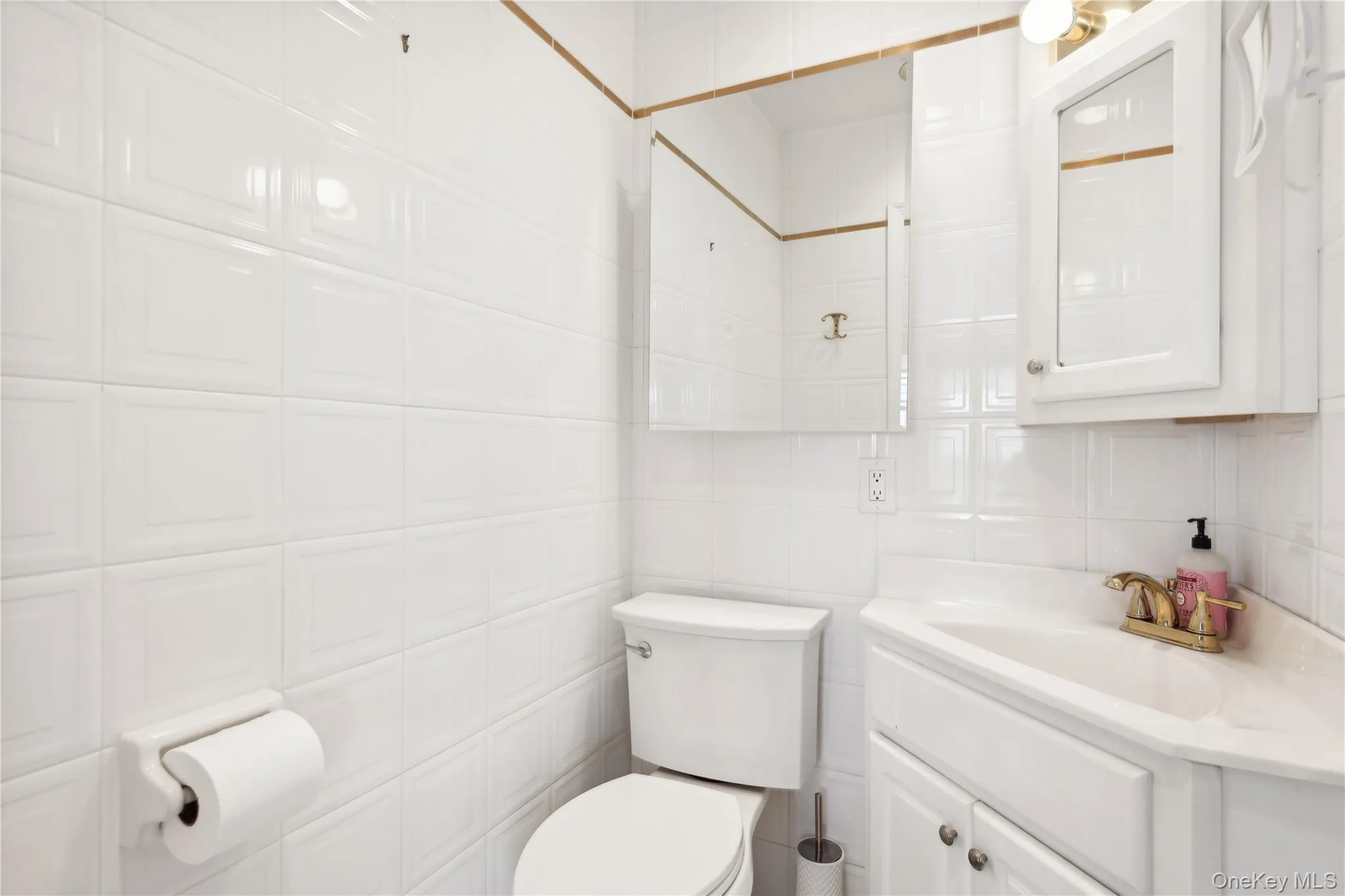 Bathroom featuring vanity, toilet, and backsplash Bathroom featuring vanity, toilet, and backsplash