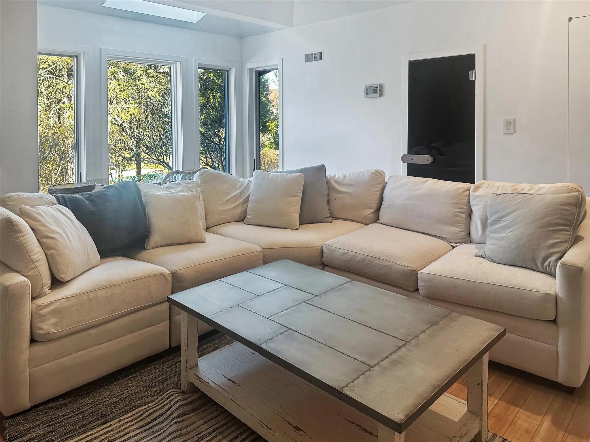 Living room featuring wood-type flooring and a skylight Living room featuring wood-type flooring and a skylight
