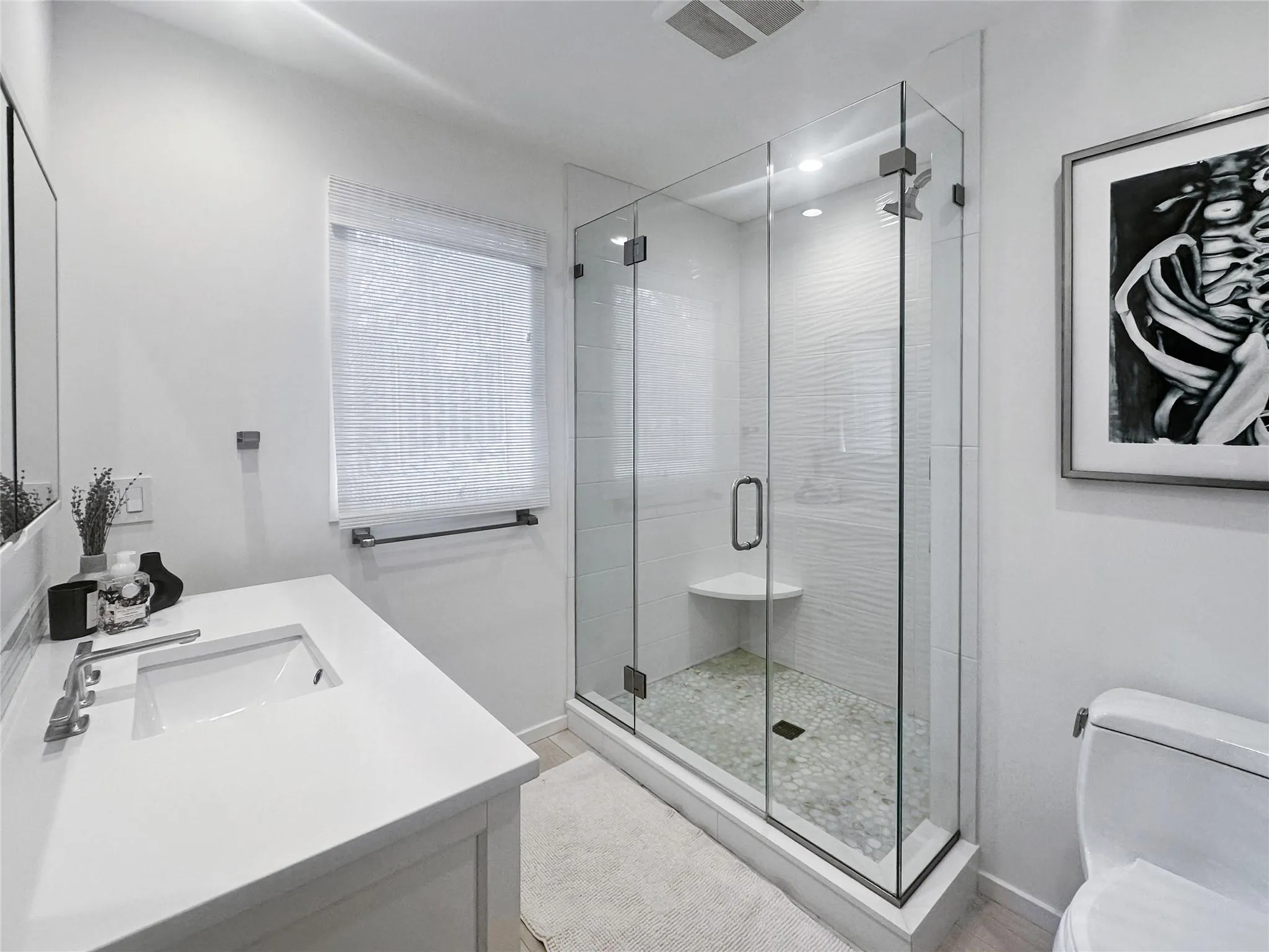 Bathroom featuring walk in shower, vanity, and toilet Bathroom featuring walk in shower, vanity, and toilet