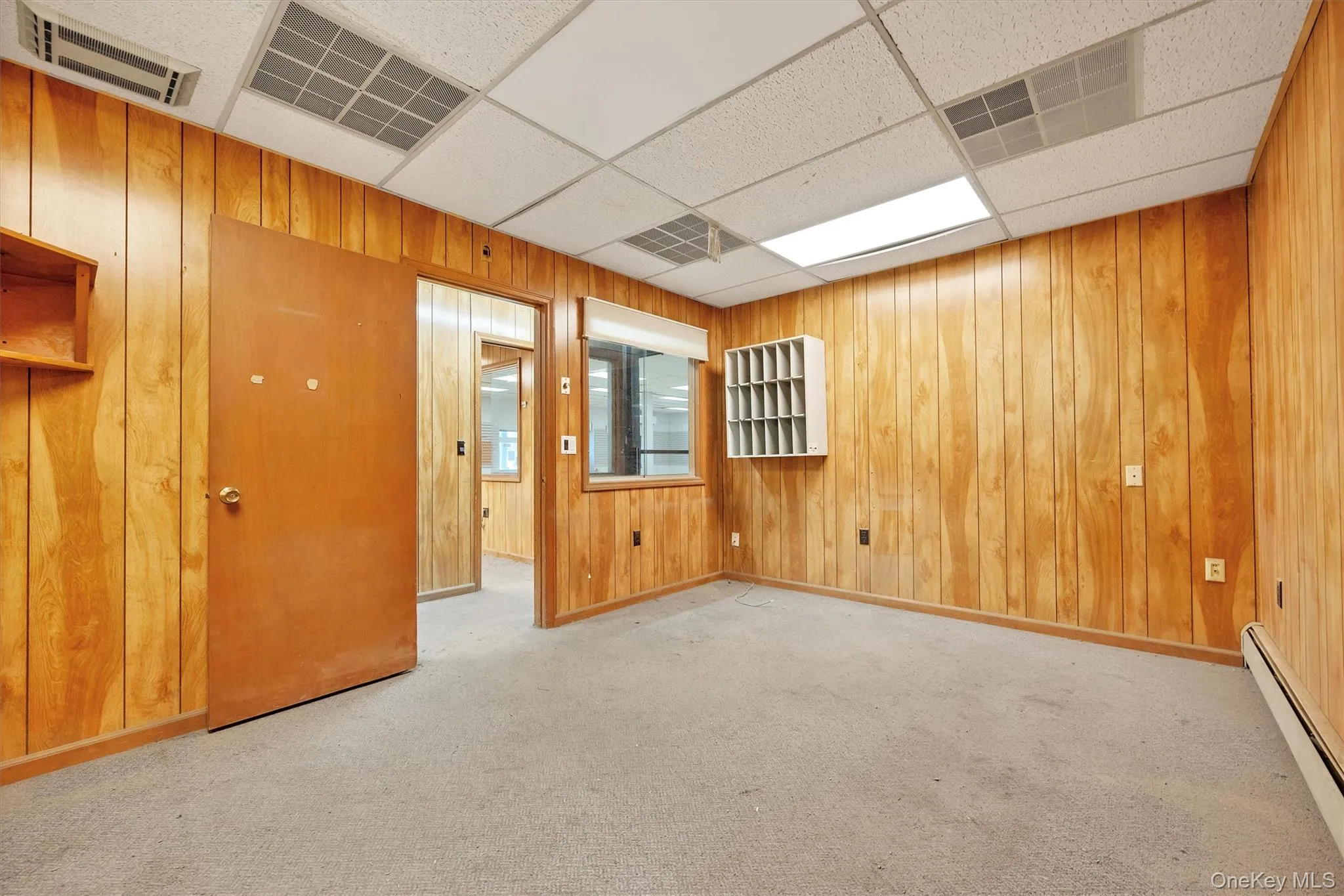 Carpeted spare room featuring a baseboard radiator, wooden walls, and a paneled ceiling Carpeted spare room featuring a baseboard radiator, wooden walls, and a paneled ceiling