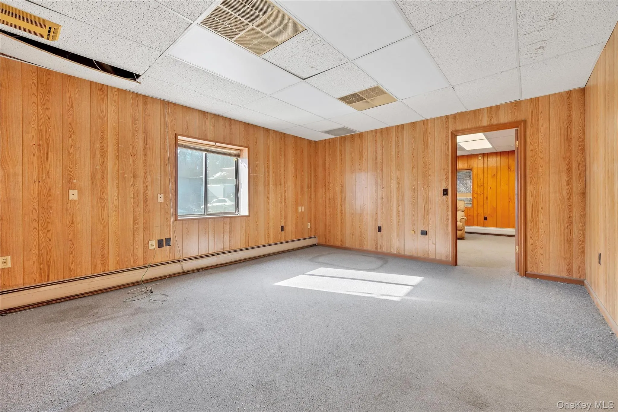 Carpeted spare room featuring a paneled ceiling, wood walls, and baseboard heating Carpeted spare room featuring a paneled ceiling, wood walls, and baseboard heating