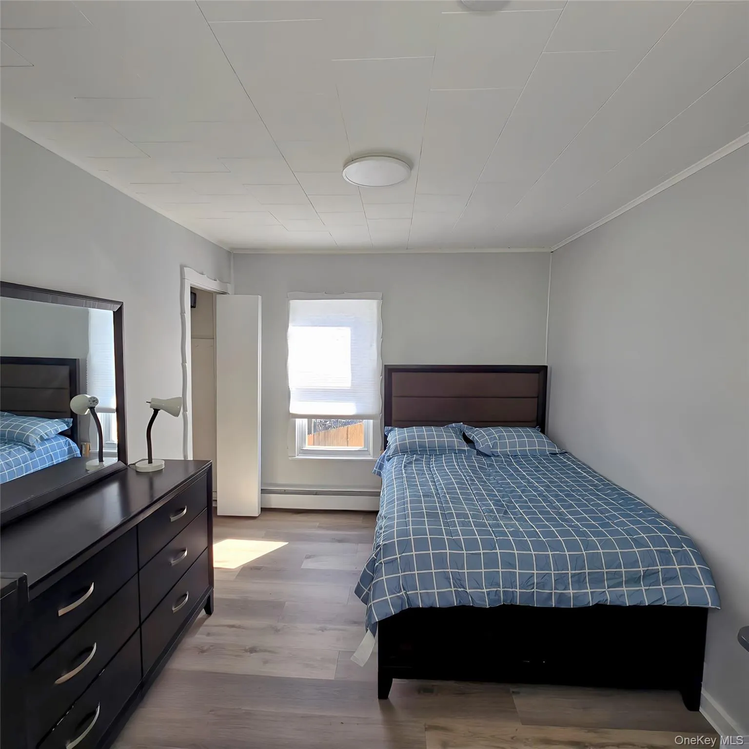 Bedroom with a baseboard heating unit and light wood finished floors Bedroom with a baseboard heating unit and light wood finished floors