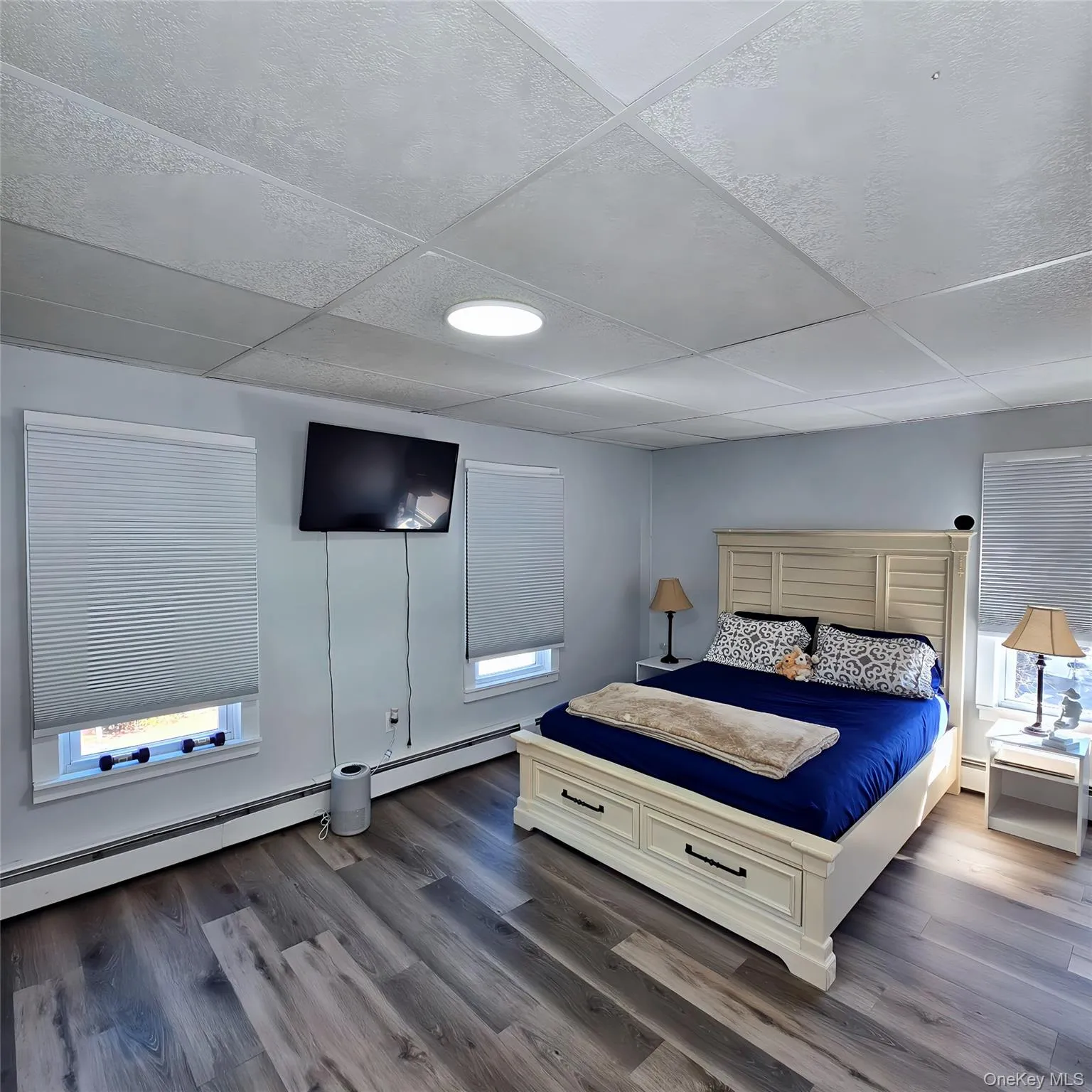 Bedroom featuring dark wood-style flooring, a drop ceiling, and baseboard heating Bedroom featuring dark wood-style flooring, a drop ceiling, and baseboard heating