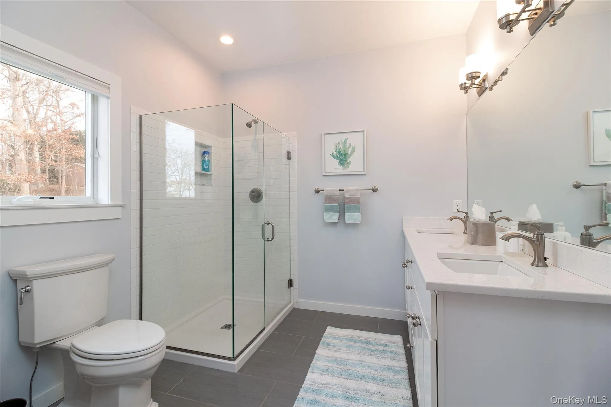 Bathroom featuring vanity, tile patterned flooring, toilet, and walk in shower Bathroom featuring vanity, tile patterned flooring, toilet, and walk in shower