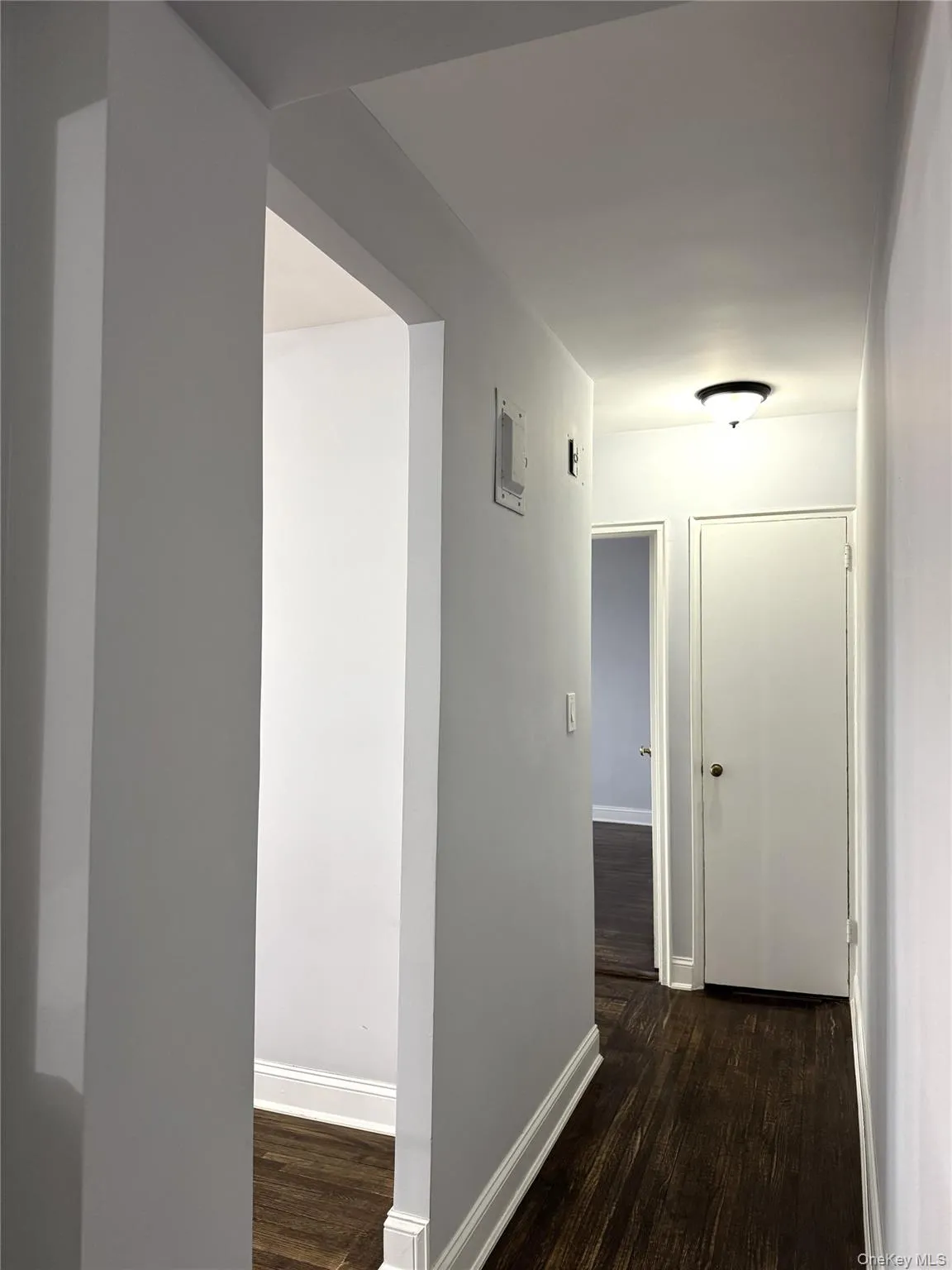 Hallway featuring dark hardwood / wood-style flooring Hallway featuring dark hardwood / wood-style flooring
