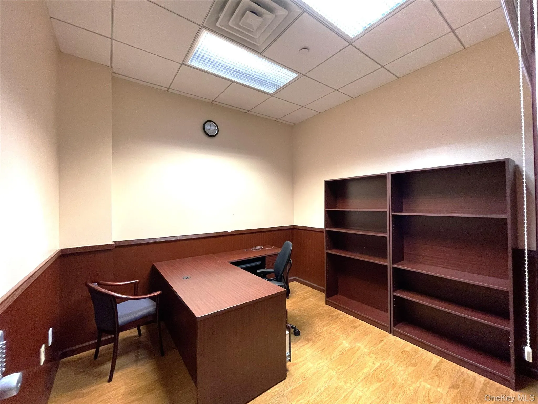 Office space with a wainscoted wall, a drop ceiling, and light wood-style flooring Office space with a wainscoted wall, a drop ceiling, and light wood-style flooring