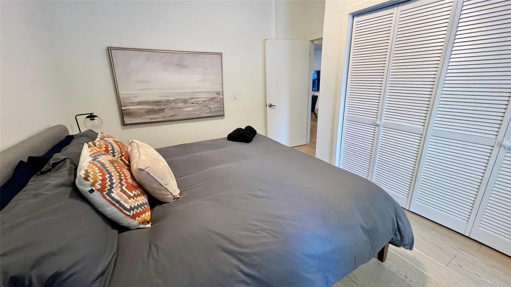 Bedroom with a closet and light hardwood / wood-style flooring Bedroom with a closet and light hardwood / wood-style flooring