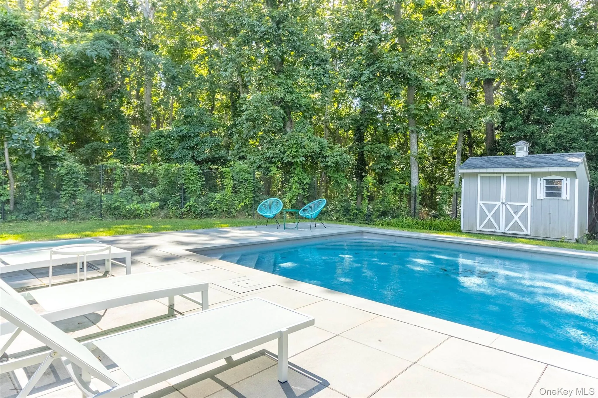 Swimming pool featuring a patio and a shed Swimming pool featuring a patio and a shed
