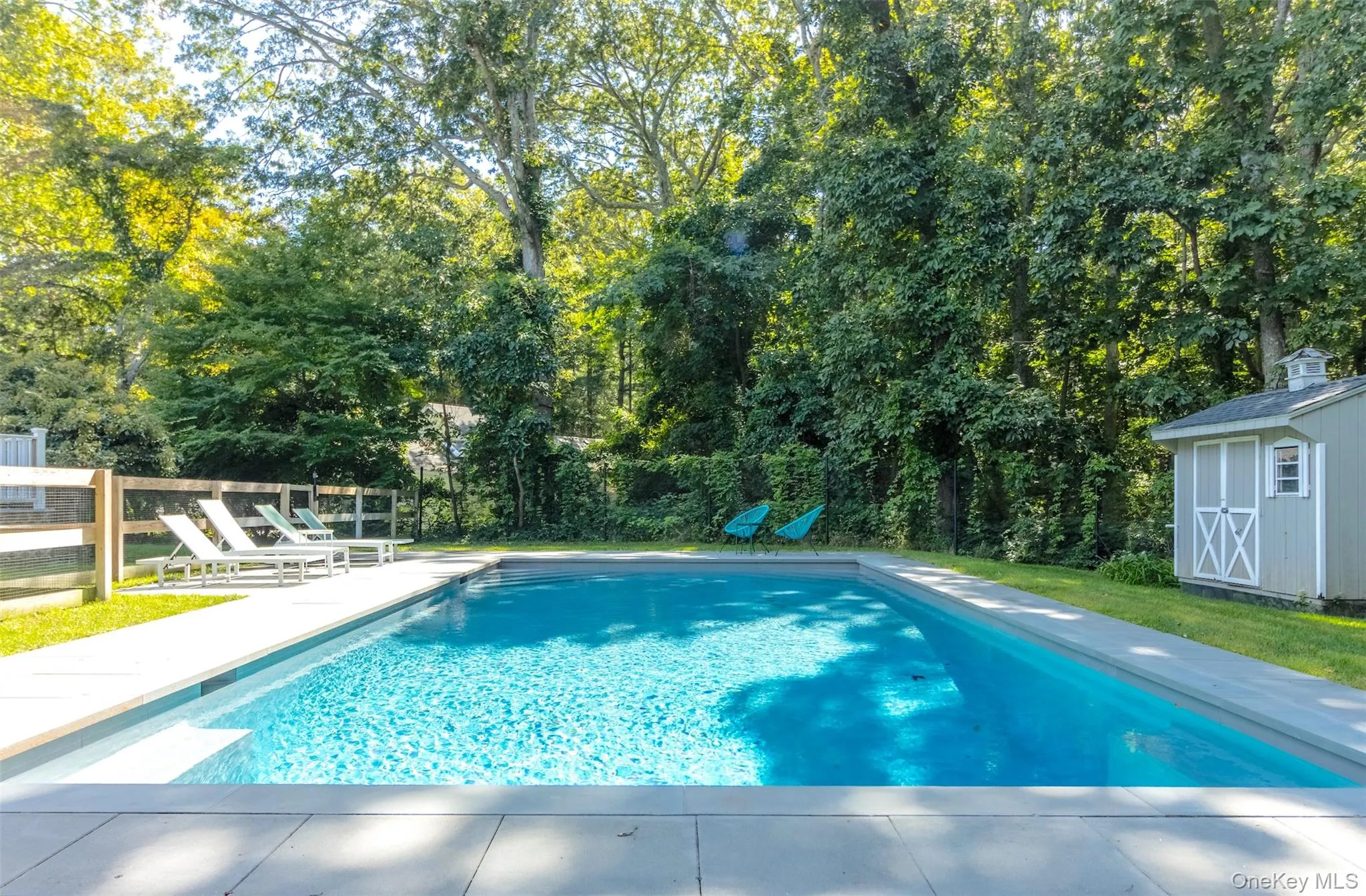Swimming pool with a storage shed, a patio area, and view of wooded area Swimming pool with a storage shed, a patio area, and view of wooded area