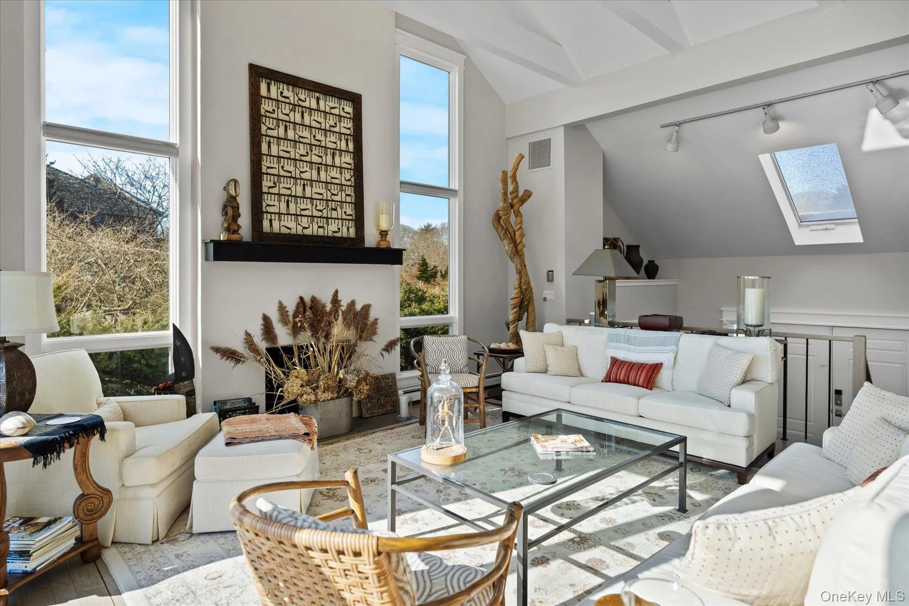 Living room featuring light hardwood / wood-style floors, vaulted ceiling with skylight, and track lighting Living room featuring light hardwood / wood-style floors, vaulted ceiling with skylight, and track lighting
