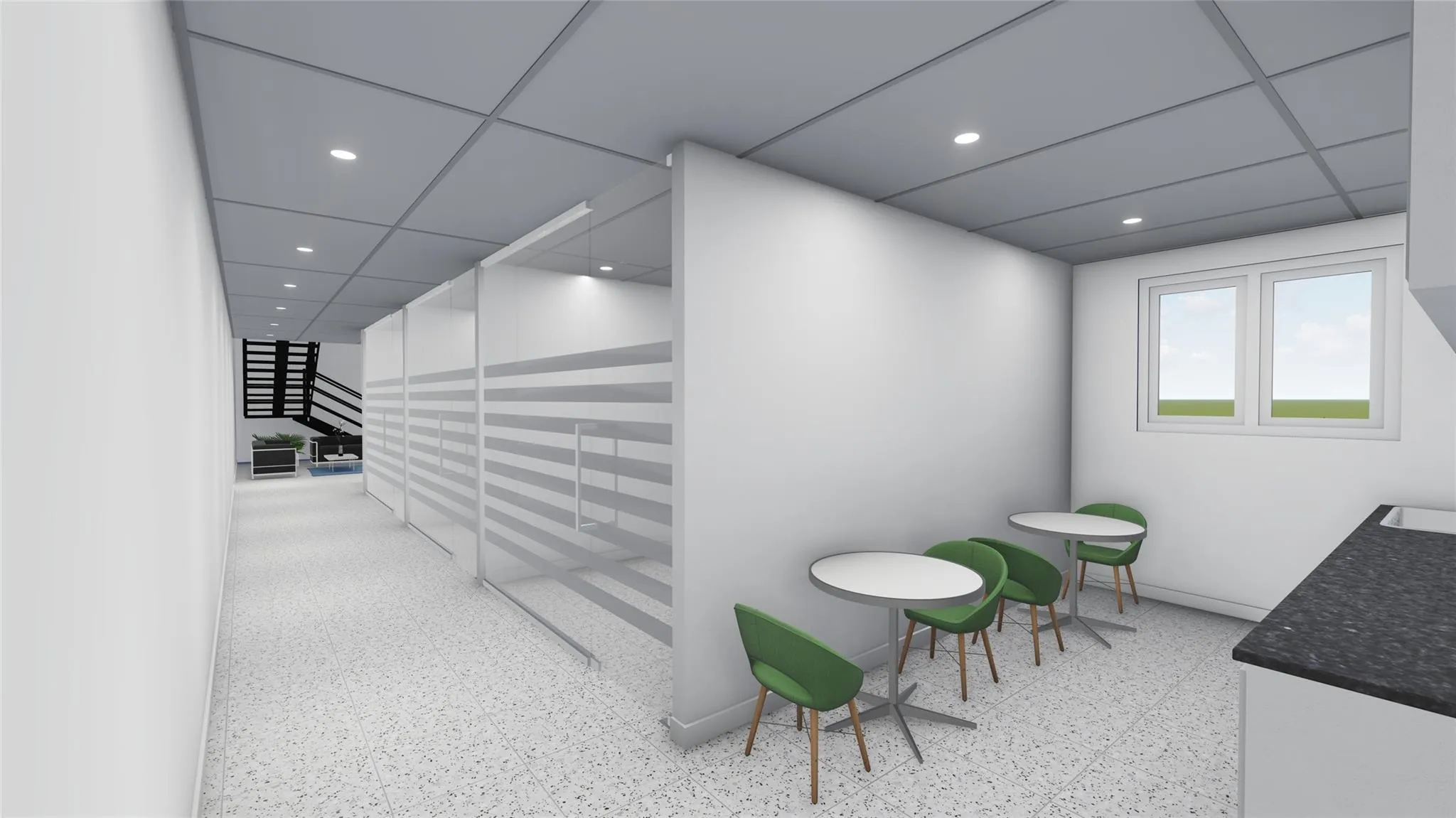 Corridor with a paneled ceiling, stairs, and recessed lighting Corridor with a paneled ceiling, stairs, and recessed lighting