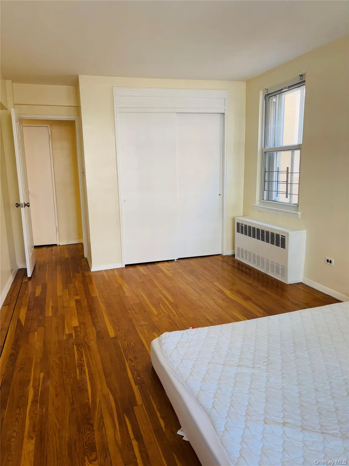 Primary bedroom featuring a large closet and hardwood floors Primary bedroom featuring a large closet and hardwood floors