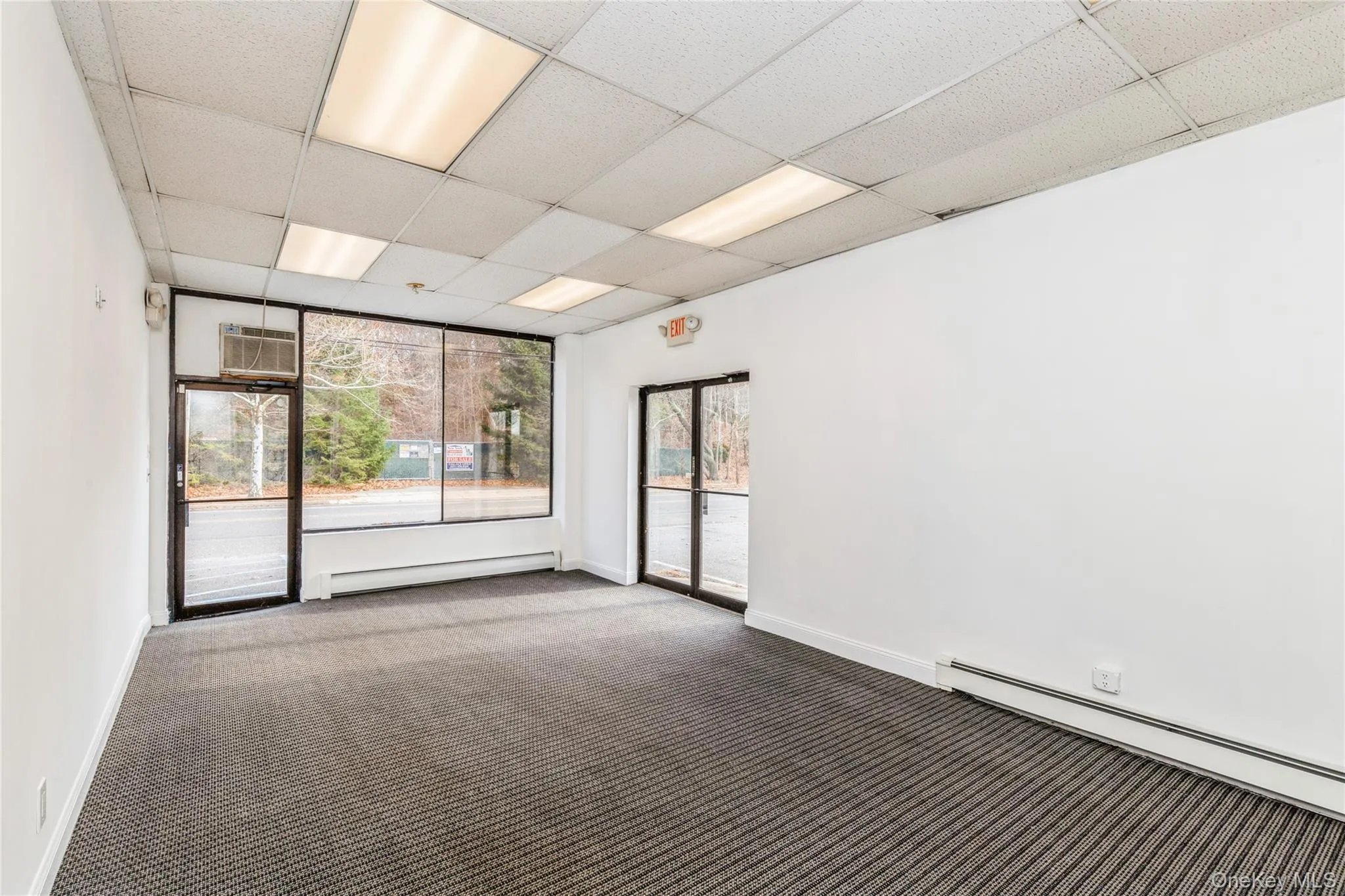 Carpeted spare room featuring a baseboard radiator, baseboards, a drop ceiling, and a wall mounted AC Carpeted spare room featuring a baseboard radiator, baseboards, a drop ceiling, and a wall mounted AC