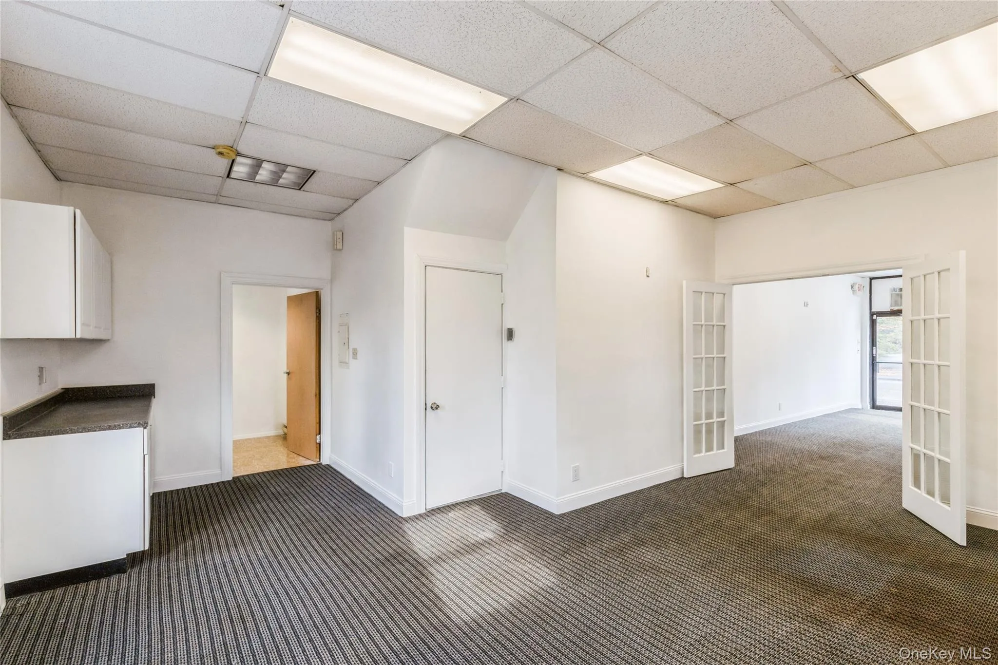Spare room featuring a paneled ceiling, baseboards, dark carpet, and french doors Spare room featuring a paneled ceiling, baseboards, dark carpet, and french doors