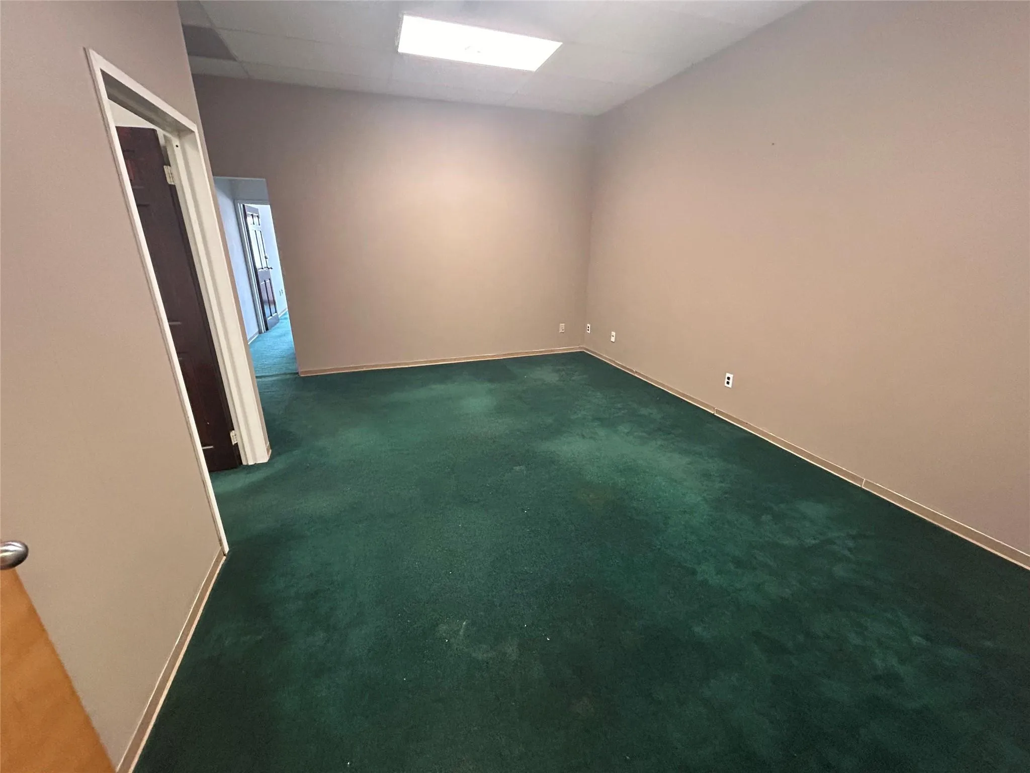 Unfurnished room featuring baseboards, carpet flooring, and a drop ceiling Unfurnished room featuring baseboards, carpet flooring, and a drop ceiling