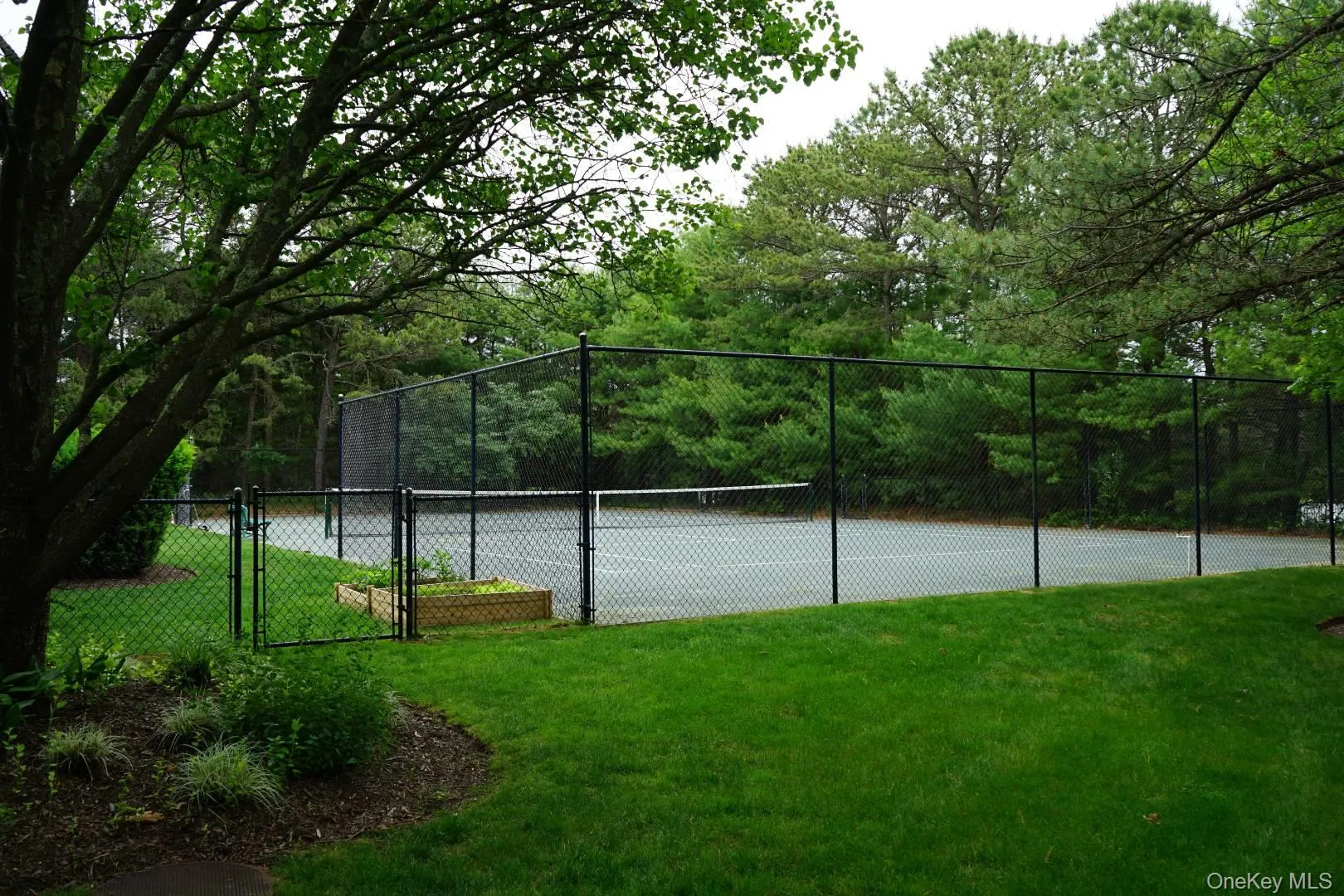 View of sport court featuring a lawn, fence, and a gate View of sport court featuring a lawn, fence, and a gate