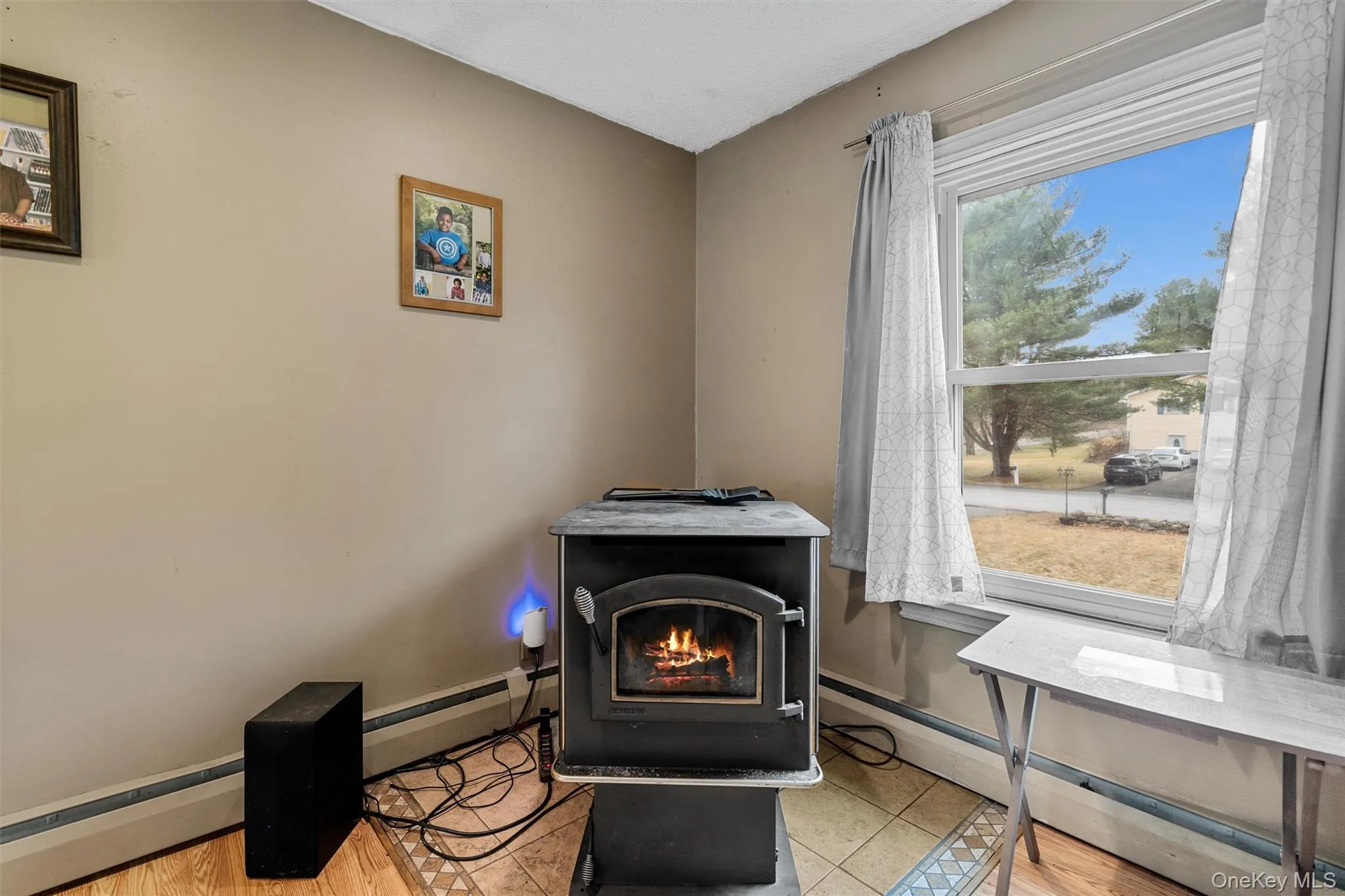 Interior details featuring a baseboard radiator, baseboards, a baseboard heating unit, and a wood stove Interior details featuring a baseboard radiator, baseboards, a baseboard heating unit, and a wood stove