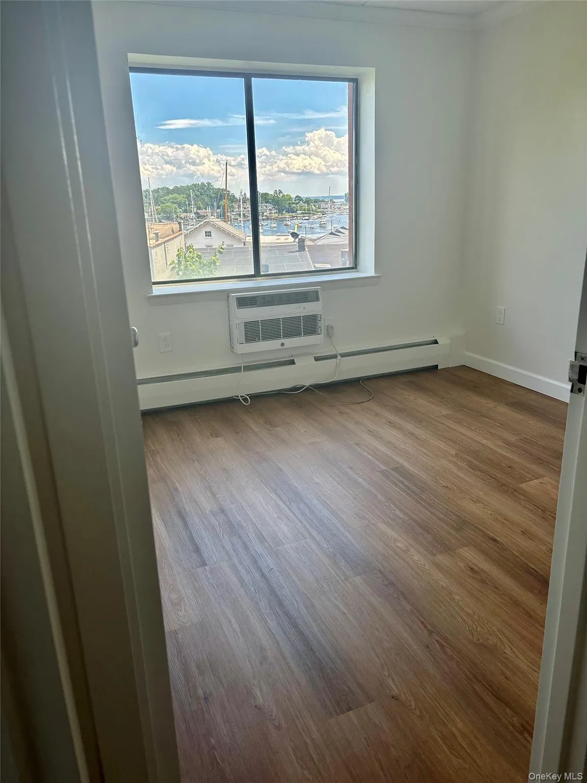Spare room with wood finished floors, a wall unit AC, and a baseboard radiator Spare room with wood finished floors, a wall unit AC, and a baseboard radiator