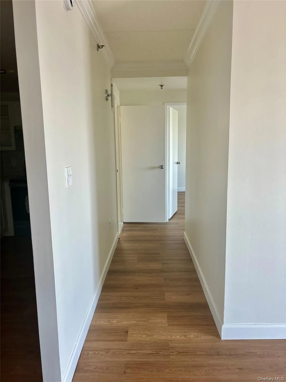 Hallway with crown molding and wood finished floors Hallway with crown molding and wood finished floors