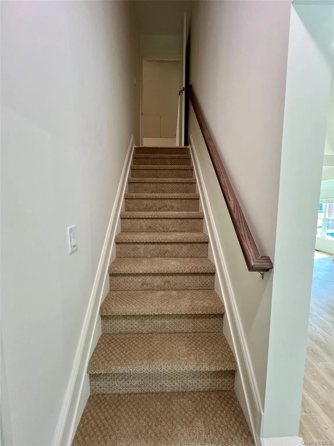 Stairway with carpet finished floors leading to the loft. Stairway with carpet finished floors leading to the loft.