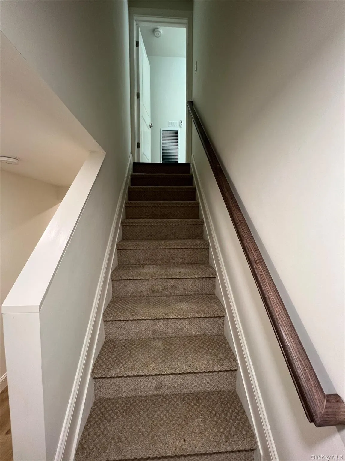Staircase with carpet flooring leading to kitchen hallway Staircase with carpet flooring leading to kitchen hallway