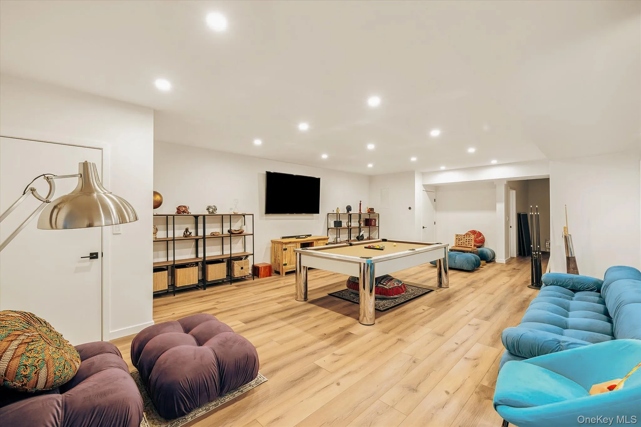 Rec room with light wood-style flooring, pool table, and recessed lighting Rec room with light wood-style flooring, pool table, and recessed lighting