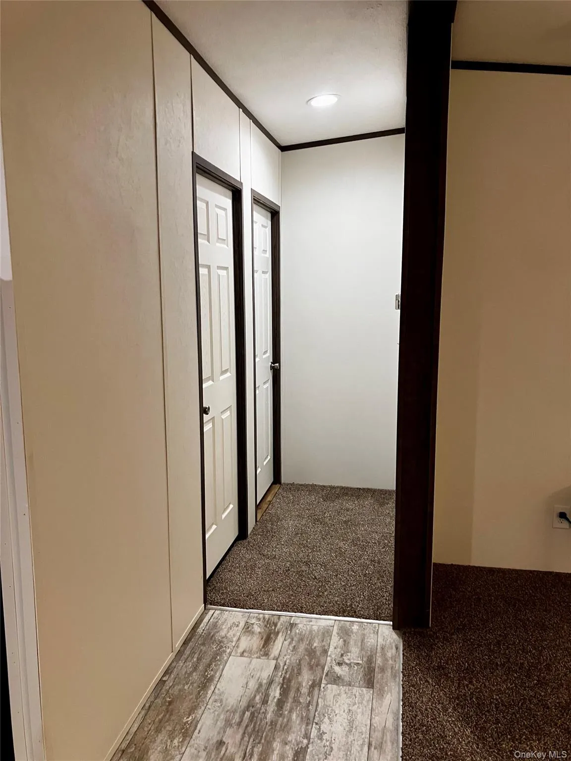 Hallway featuring crown molding, wood finished floors, and carpet flooring Hallway featuring crown molding, wood finished floors, and carpet flooring