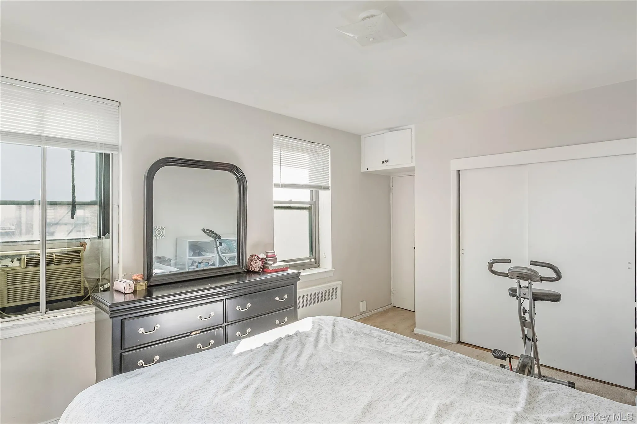 Bedroom featuring radiator heating unit and a closet Bedroom featuring radiator heating unit and a closet