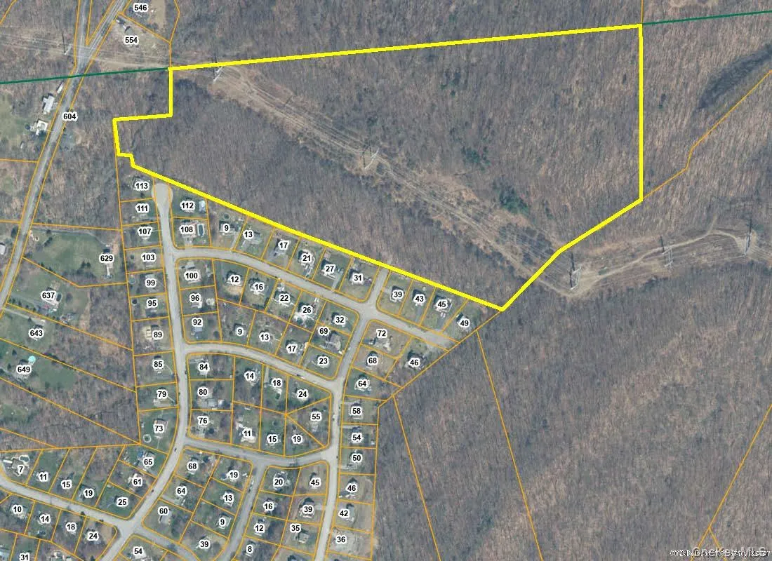 Arial map, outlined in yellow. Shows two spots of road frontage Arial map, outlined in yellow. Shows two spots of road frontage