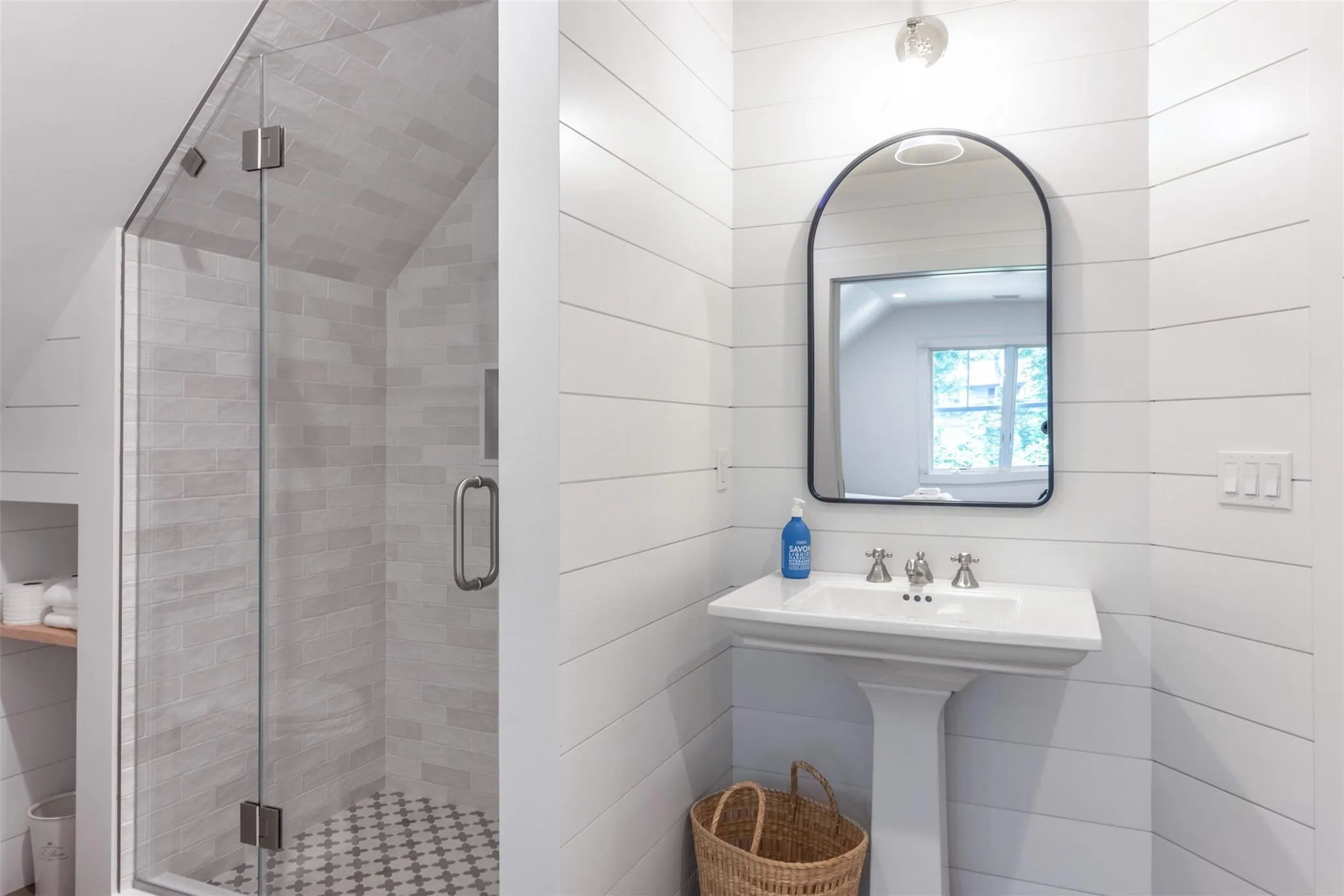 Bathroom featuring a shower stall Bathroom featuring a shower stall