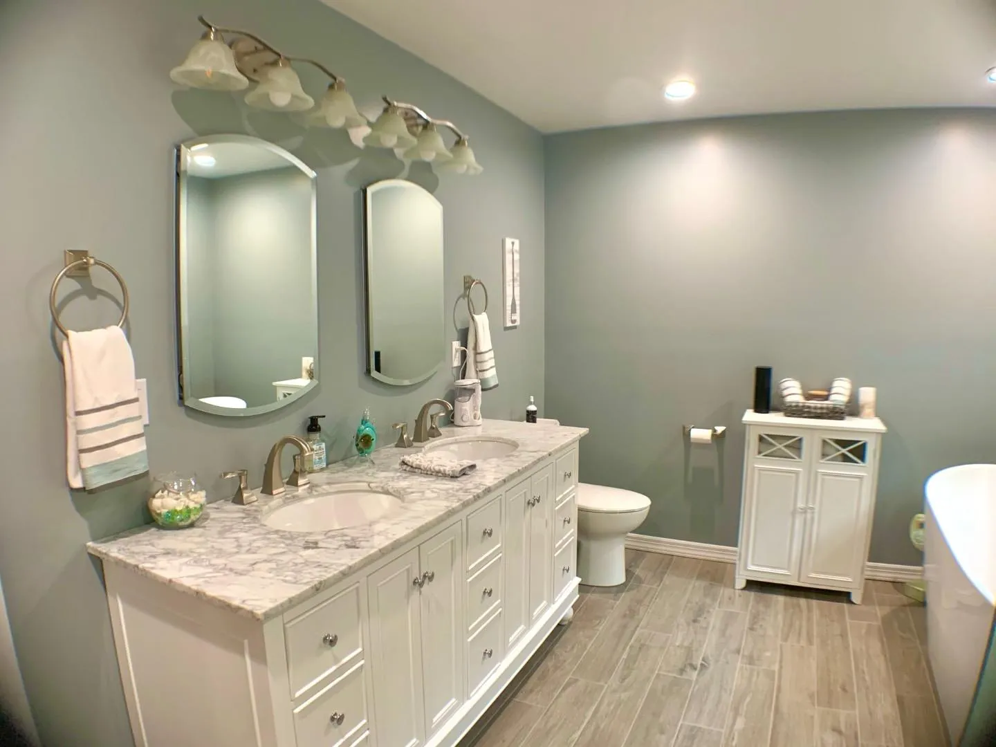 Full bath with baseboards, wood finished floors, toilet, and a sink Full bath with baseboards, wood finished floors, toilet, and a sink