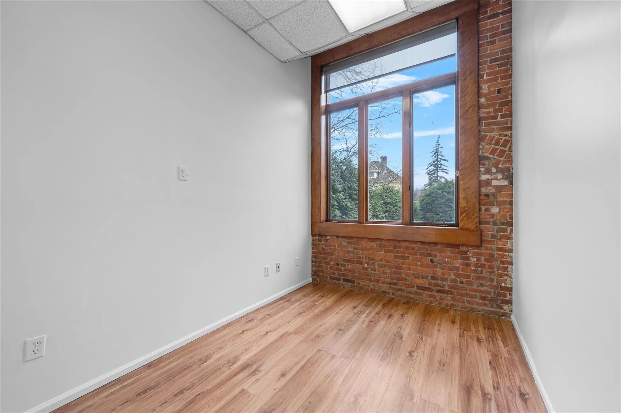 Spare room featuring a drop ceiling, brick wall, light wood finished floors, and a wealth of natural light Spare room featuring a drop ceiling, brick wall, light wood finished floors, and a wealth of natural light