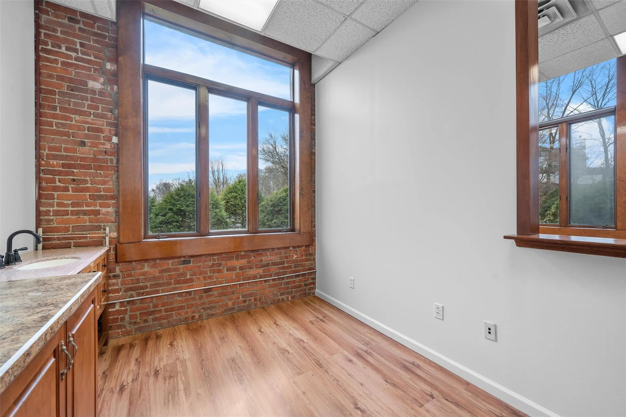 Spare room with a healthy amount of sunlight, brick wall, a sink, and a paneled ceiling Spare room with a healthy amount of sunlight, brick wall, a sink, and a paneled ceiling