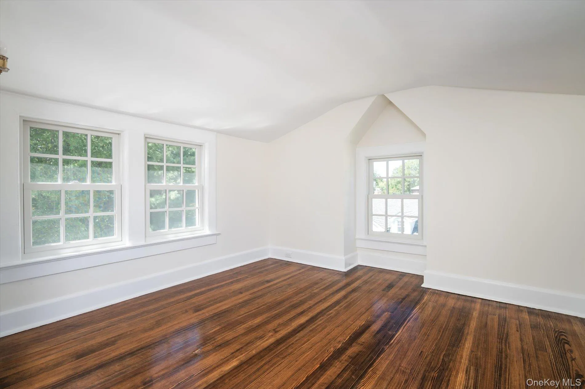 Spare room with dark wood finished floors, baseboards, and lofted ceiling Spare room with dark wood finished floors, baseboards, and lofted ceiling