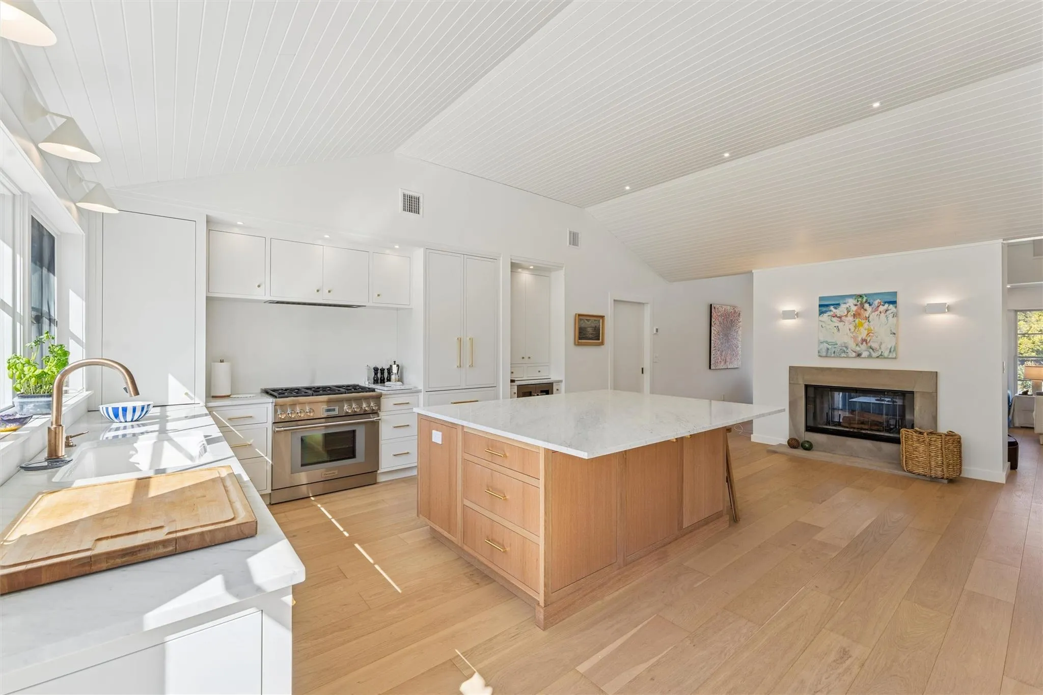 Kitchen with a sink, a glass covered fireplace, high end stainless steel range oven, and light wood-type flooring Kitchen with a sink, a glass covered fireplace, high end stainless steel range oven, and light wood-type flooring