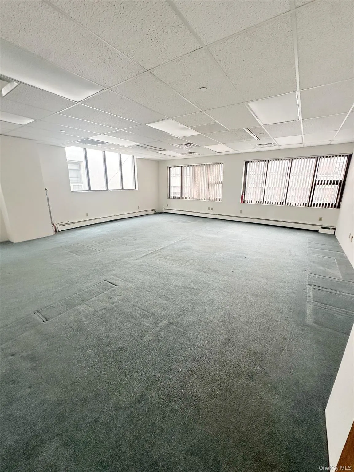 Carpeted empty room featuring a drop ceiling and baseboard heating Carpeted empty room featuring a drop ceiling and baseboard heating