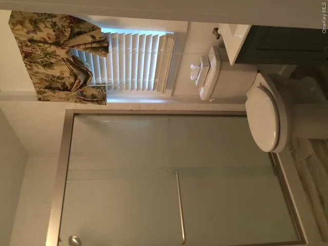 Bathroom with toilet, vanity, a shower stall, and wood finished floors Bathroom with toilet, vanity, a shower stall, and wood finished floors