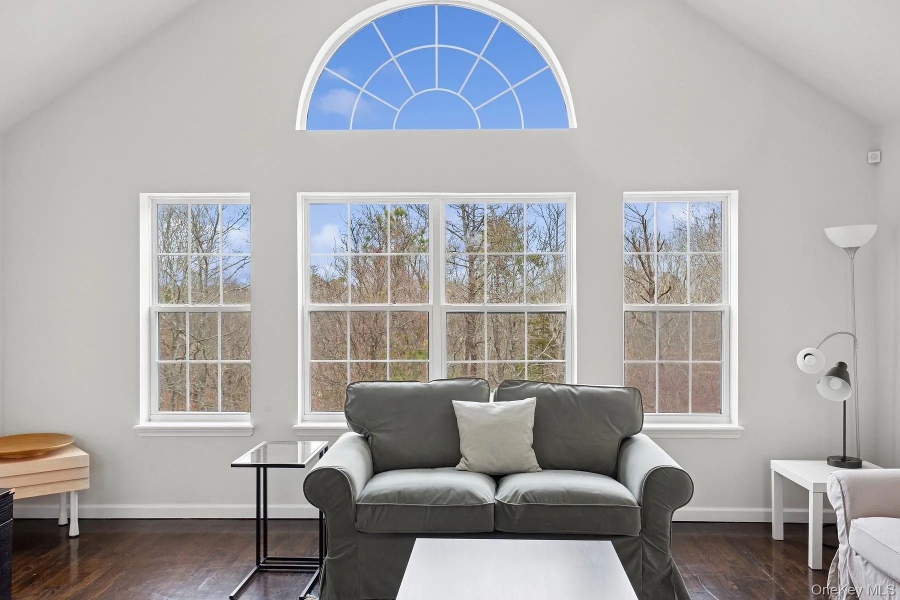 Living room with high vaulted ceiling, baseboards, and wood finished floors Living room with high vaulted ceiling, baseboards, and wood finished floors