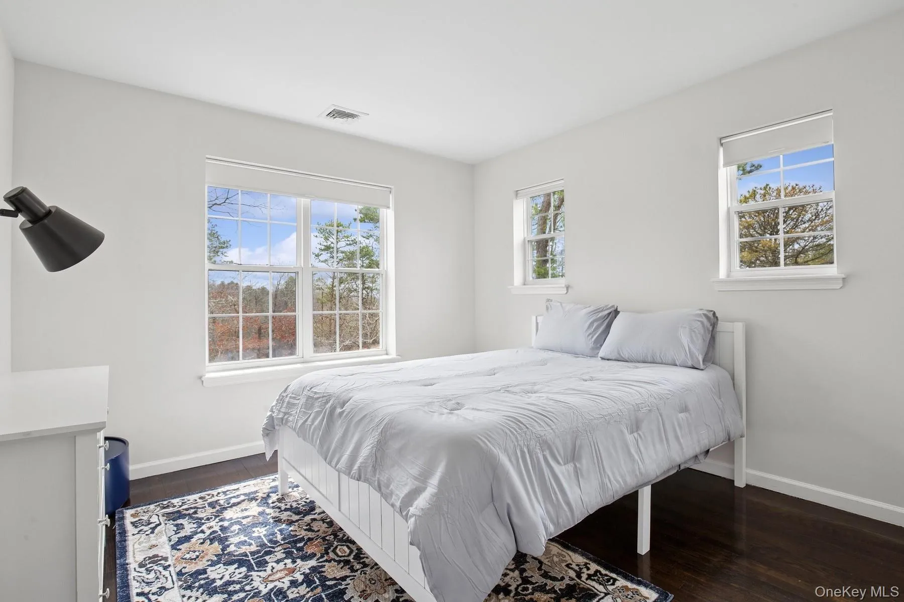 Bedroom with visible vents, dark wood-style flooring, and baseboards Bedroom with visible vents, dark wood-style flooring, and baseboards