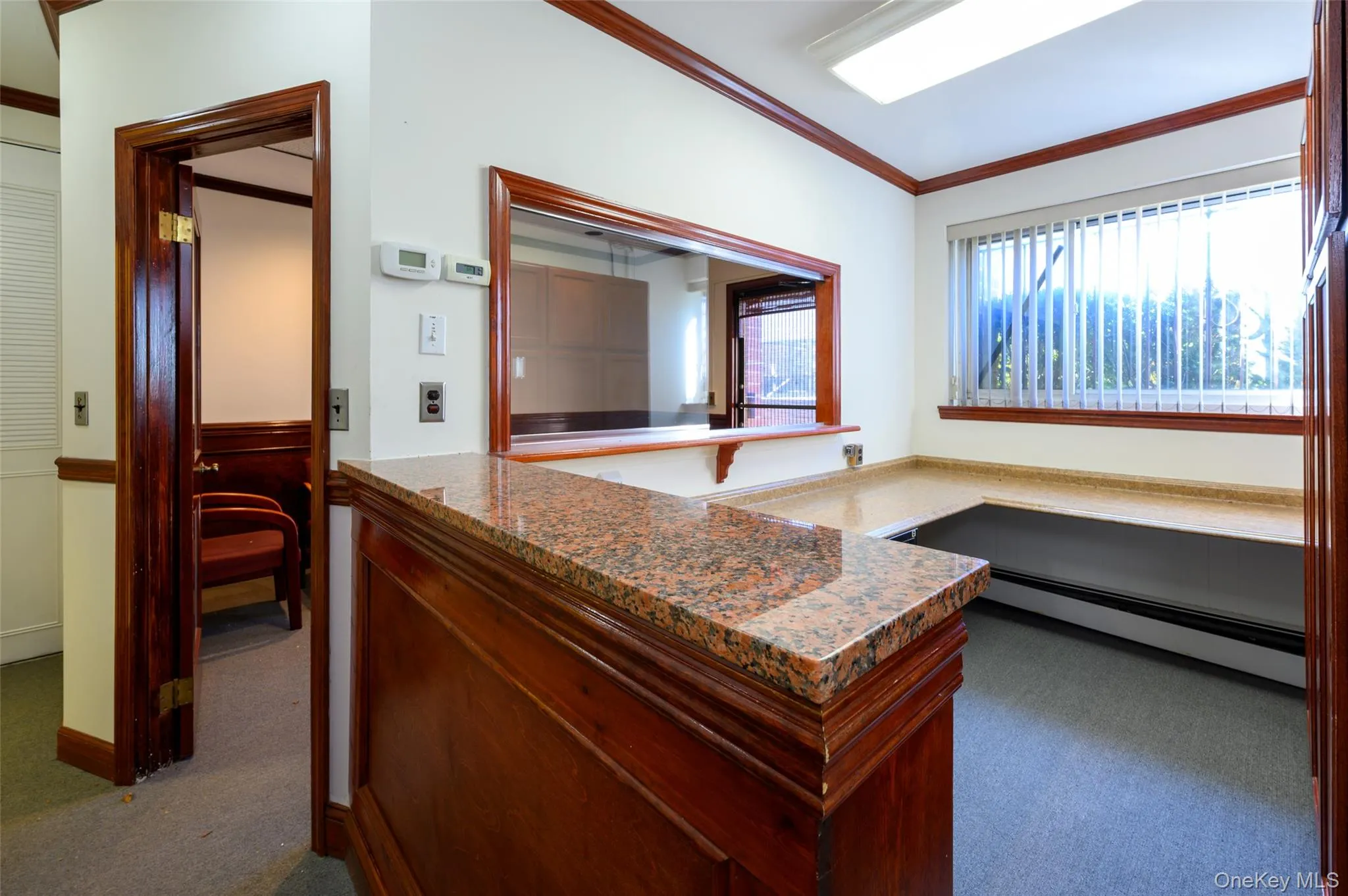 Carpeted office featuring a baseboard radiator and ornamental molding Carpeted office featuring a baseboard radiator and ornamental molding