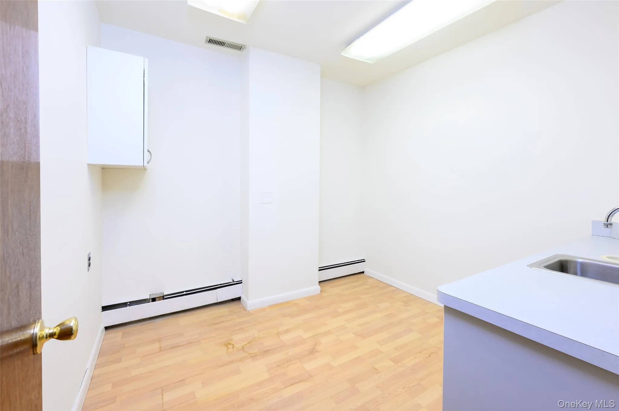 Laundry area with baseboards, baseboard heating, a sink, and light wood-style floors Laundry area with baseboards, baseboard heating, a sink, and light wood-style floors