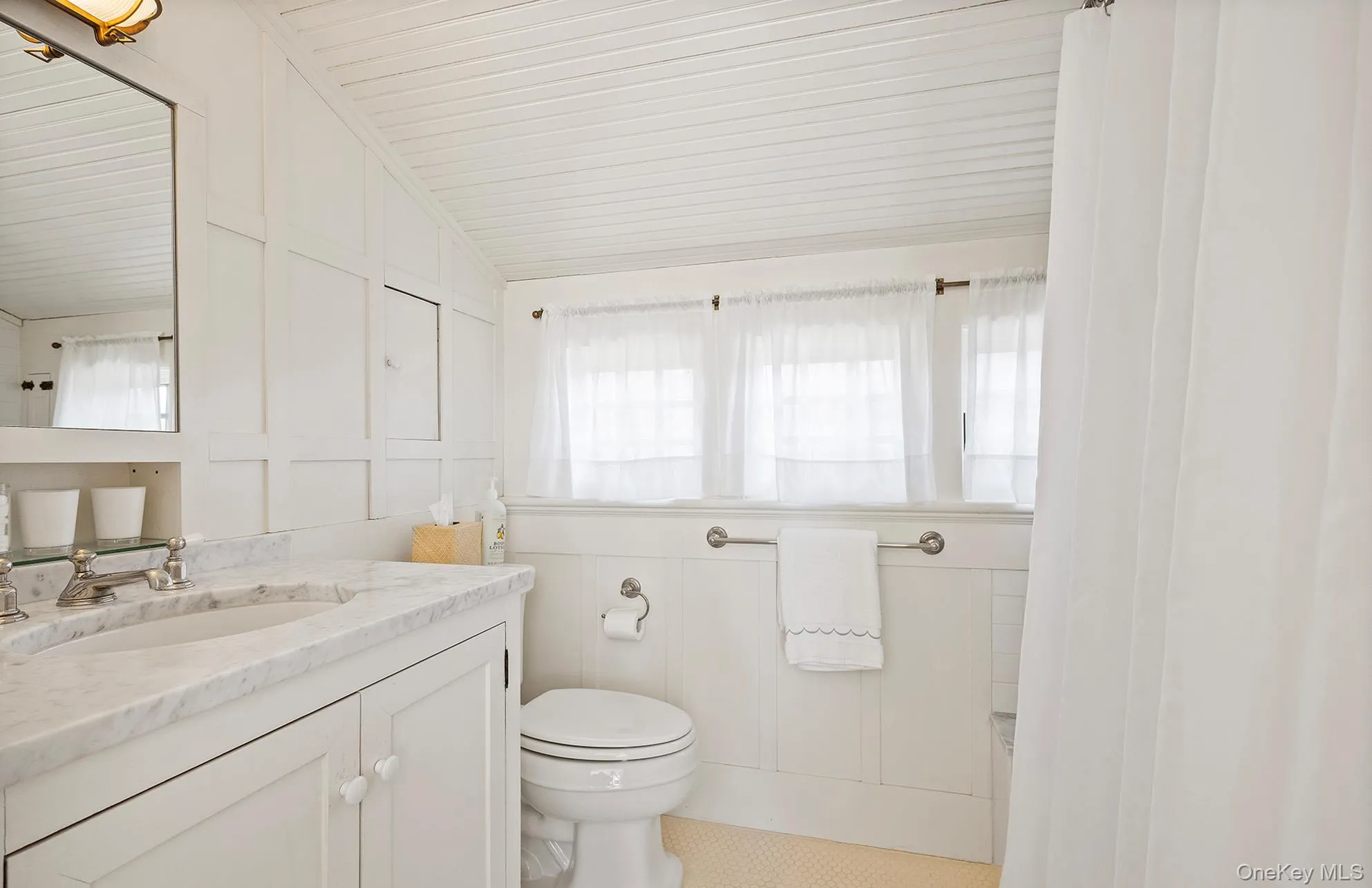 Bathroom featuring a decorative wall, vanity, toilet, and lofted ceiling Bathroom featuring a decorative wall, vanity, toilet, and lofted ceiling