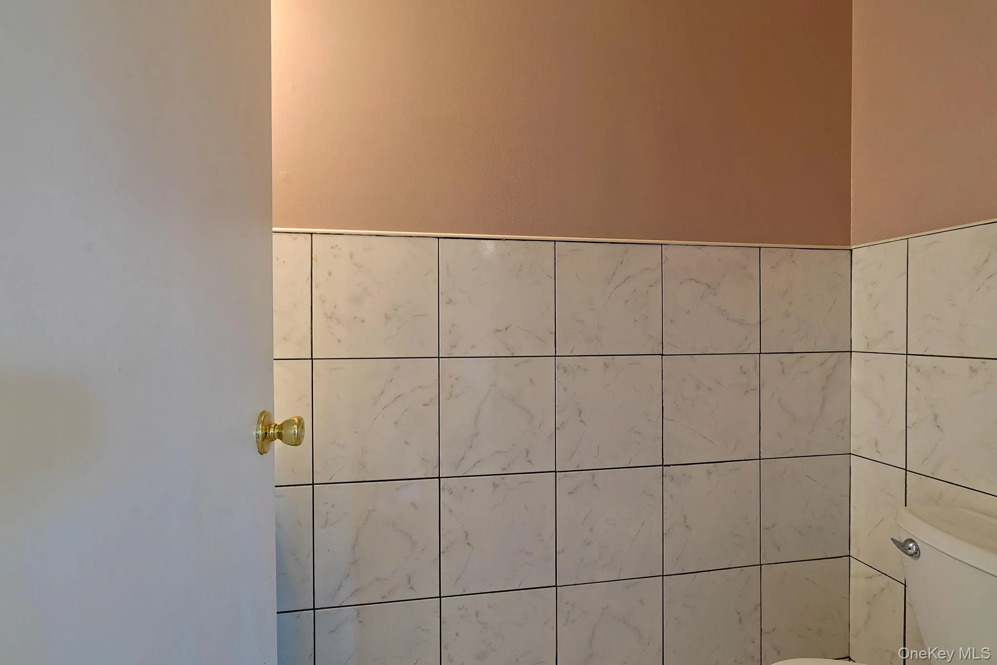 Bathroom featuring light-colored tiled walls, a painted upper wall, and a visible toilet tank Bathroom featuring light-colored tiled walls, a painted upper wall, and a visible toilet tank