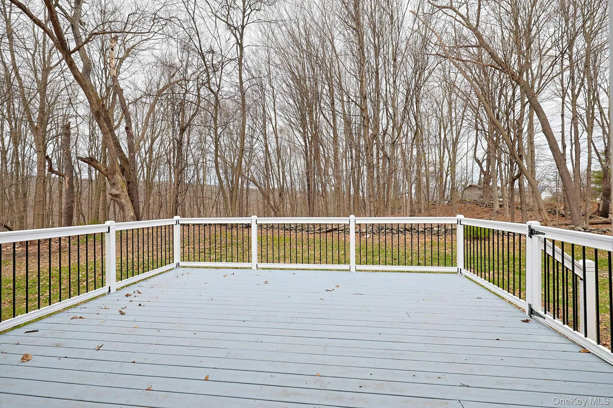 Expansive deck with white railings and black balusters, overlooking a verdant lawn and a dense wooded area Expansive deck with white railings and black balusters, overlooking a verdant lawn and a dense wooded area