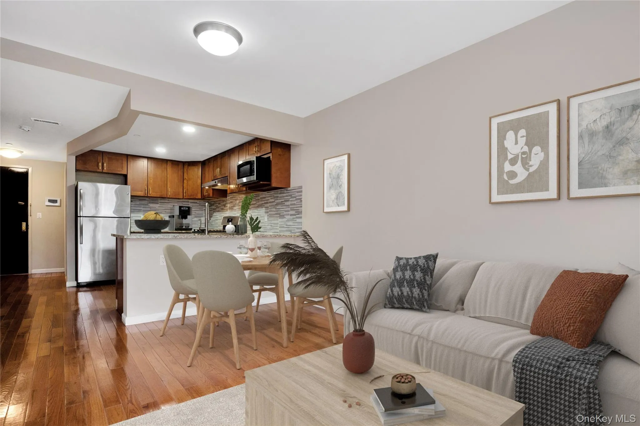 Living room with dark wood-style floors Living room with dark wood-style floors