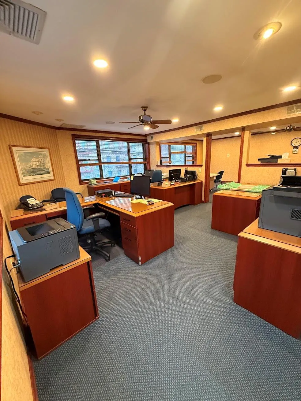 Office area with ceiling fan, ornamental molding, carpet flooring, visible vents, and recessed lighting Office area with ceiling fan, ornamental molding, carpet flooring, visible vents, and recessed lighting