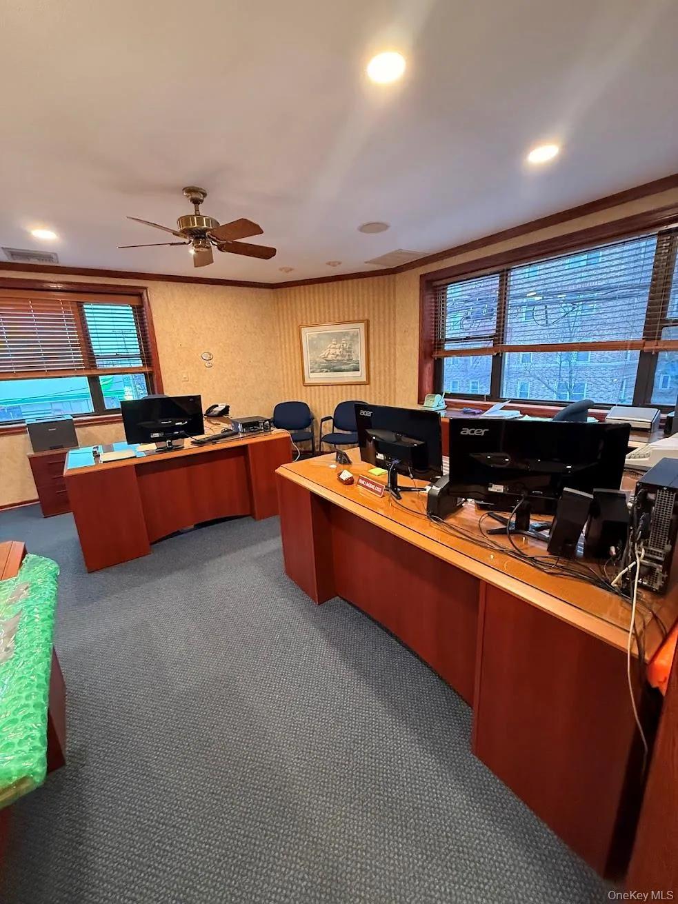 Office featuring visible vents, a ceiling fan, carpet flooring, and recessed lighting Office featuring visible vents, a ceiling fan, carpet flooring, and recessed lighting