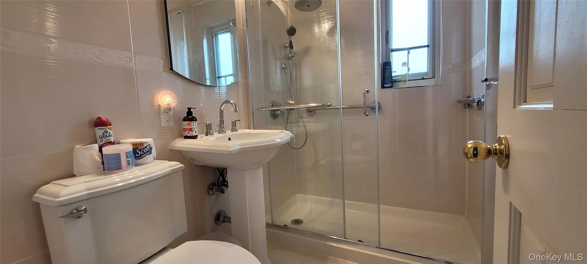 Bathroom with a stall shower, a wealth of natural light, and toilet Bathroom with a stall shower, a wealth of natural light, and toilet